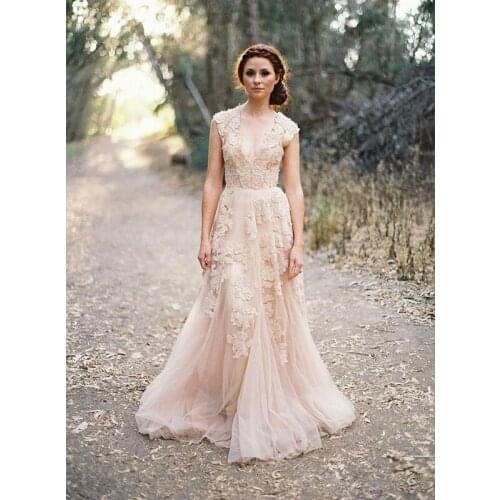 V Neck Full Lace Appliques Blush Champagne Long Sweep Train Reem Acra Formal Bridal Gowns Cheap Country A Line
