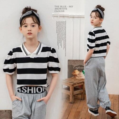 Teens Girls Sets Summer 2021 Pants Suit Puff Sleeve Tracksuit for Children Black White Striped T-shirt Two-piece Kids Clothes