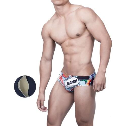 Mens Cartoon Printed Fashion Sexy Swimming Suits Hot Spring Swimwear Sponge Pad Cup Show Big Push Up Sexy Swimming Breifs