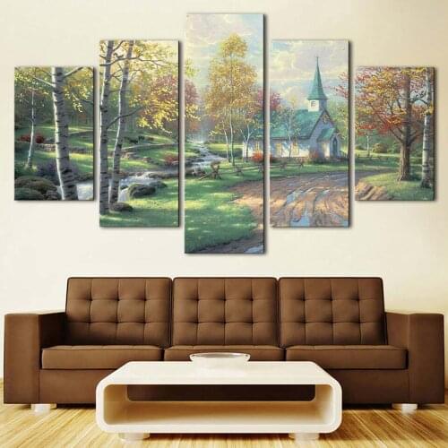 Wall Art Canvas Picture Bedside Background Bedroom Decor 5 Pieces Country Cabin Scenery HD Printed Poster Frame Modular Painting