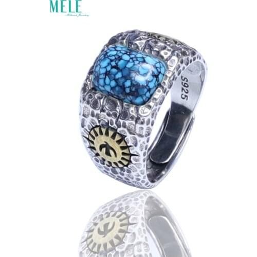 Natural Boutique Turquoise 8*10mm square ring 925 silver Retro Open able ring