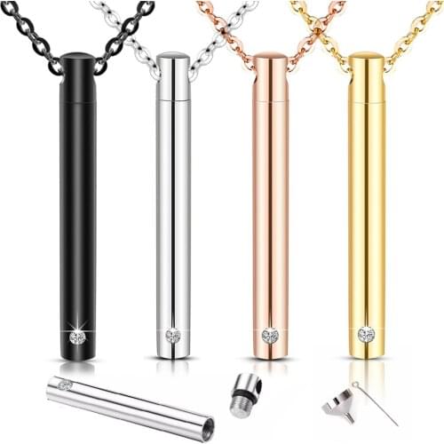 New Dropshipping Wholesale 316L Stainless Steel Empty Cremation Urn Pendant Crystal Perfume Bottles Necklace Pendant Pillar Bar