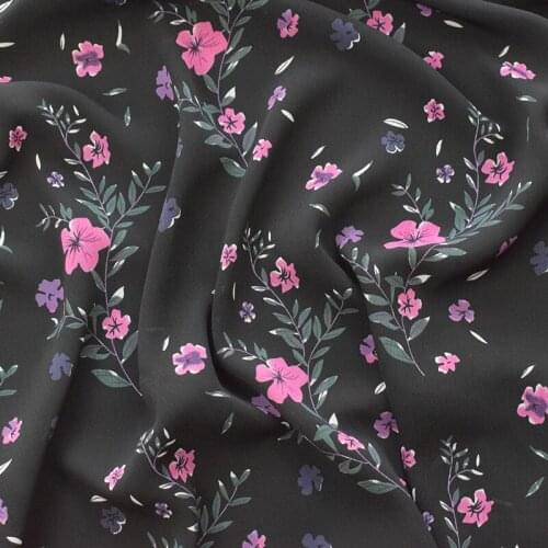 One meter High quality vertical Chiffon tissu Small floral print on black background fabric Fashion dress clothing fabrics