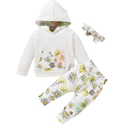 Autumn Baby Girl Sets Clothing Floral Print Long Sleeve Hoodie Sweatshirt Pants Headband Toddler Newborn Costume Set