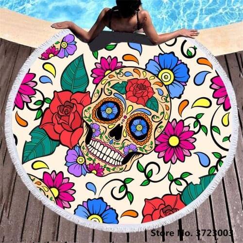 Modern Skull Flower 3D Printed Beach Towel Absorbent Soft Round Microfiber Towel Adult Kids Beach Carpet Tapestry Yoga Mat