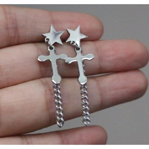 Simple Stainless Steel Star Shape Cross Pendant Drop Earrings for Women Trendy Chains Pendant Dangling Ear Cuff Jewelry