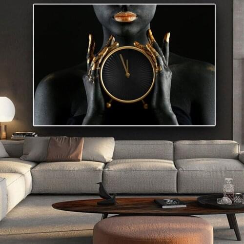 Modern Beautiful Woman With Black and Golden Paint on Body Body Canvas Painting Posters and Prints for Living Room Decor Cuadros