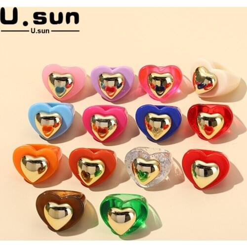 U.sun Transparent Resin Acrylic Gold Color Heart Rings for Women Fashion Geometric Jewelry Party Ring Aestethic Goth for Girls