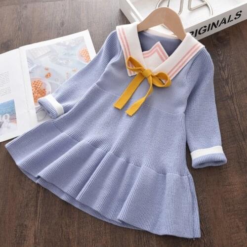 Melario Girls Knit Wool Long Sleeve Splicing Dress Spring and Autumn New Girl Baby Navy Style Knitted Long Sleeve Sweater Dress