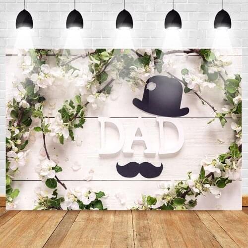 Dad Fathers Day Photo Background Flower Backdrop White Wooden Floor Backgrounds for Photography Cap and Beard Customized