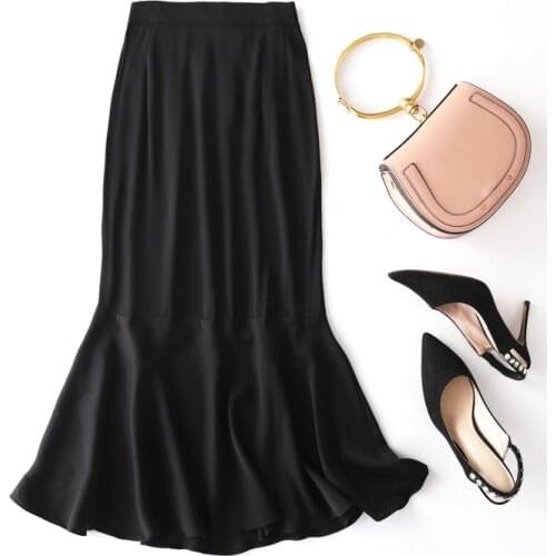 Womens 93% Mulberry Silk 7% Spandex 19 momme Crepe Silk Solid Black Navy Fishtail Midi Pencil Long Skirt M148