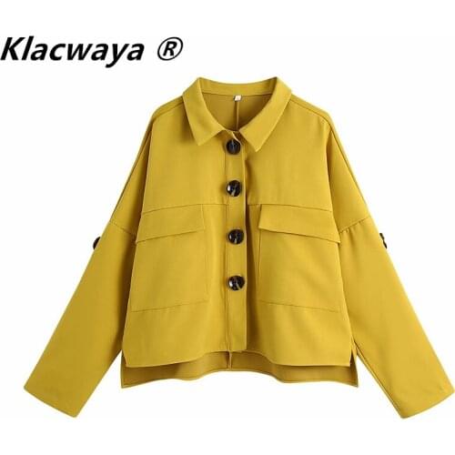 Klacwaya Womens 2021 Spring Jacket Long Sleeve Patch Pocket Shirt Coat Single-breasted Lapel Female Jacket Yellow Shirt Jacket