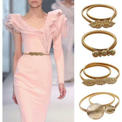 Ladies Belts For Dresses Gold Color Elastic Belts For Women Metal Stretch Skinny Girls Waist Belts With Flowers cinto feminino