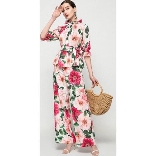 Runway New Cute Pink Half Sleeve Printed Shirt + Wide Leg Printed Pant Womens pant suit 210314UL01