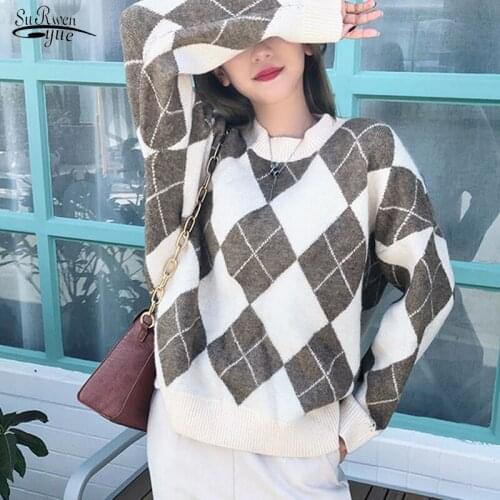 Knitted Sweaters Woman Korean College Style New Geometric Argyle Pullovers Jumper Mujer Oversized O-Neck Casual Sweater 17064