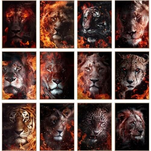 Animals Art Fire Tigers Lions Canvas Paintings Wall Art Posters And Prints Wall Pictures for Living Room Home Cuadros Decorative