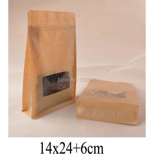 100pcs/lot 14x24+6cm flat Bottom Kraft Paper Stand Up paper Bags Ziplock Kraft Bag with Windown Nuts Coffee Beans Packing bag