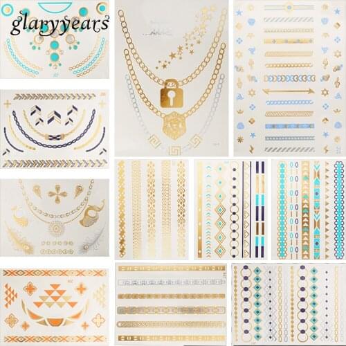 11 Pieces Flash Metallic Tattoo Temporary Sticker Peacock Feather Geometric Design Bracelet Choker Tattoo DIY Body Art Decal Hot