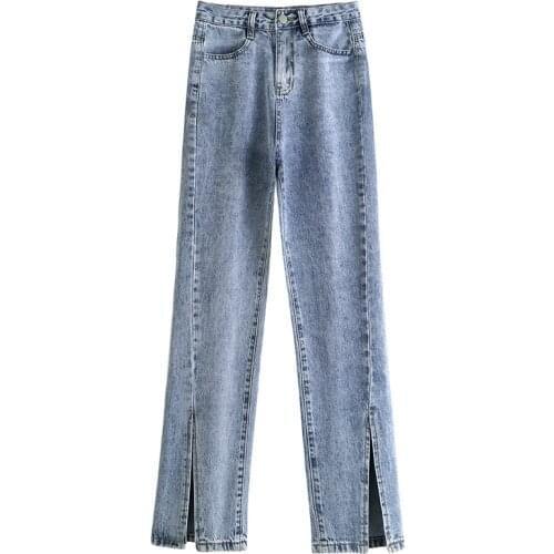 2021 New Side Slip Denim Pants For Female High Waist Loose Womens Casual Wide-legged Straight Trousers Plus Size For Female