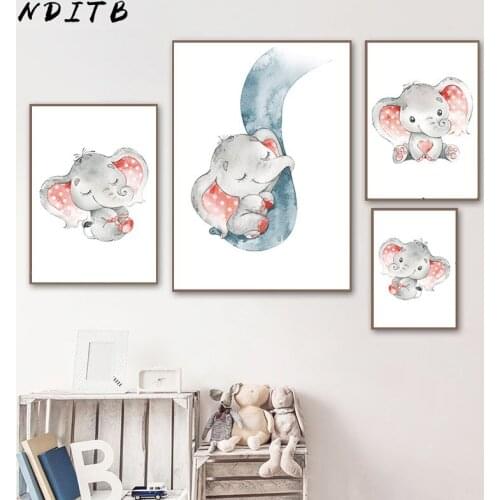 Watercolor Animal Elephant Poster and Print Cartoon Nursery Wall Art Canvas Painting Picture Nordic Kid Baby Bedroom Decoration