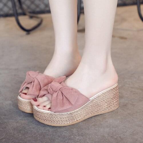 Elegant big flock bowtied open toe wedges platform slippers women summer Korean muffins high heel non-slip slides outside slides