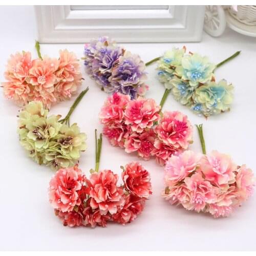 6pcs 4cm Artificial carnation flowers Stamen silk flower bouquet for wedding decoration DIY Scrapbooking Fake Flower