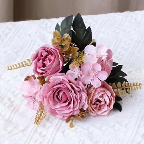 Artificial Flowers Silk Roses Bride Bouquet Autumn Wedding Peony Hydrangea Plant Wedding Accessories Garden Fake Flowers