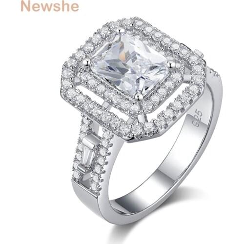 Newshe Solid 925 Sterling Silver Wedding Engagement Ring For Women Halo Emerald Cut AAAAA Zircons Bridals Jewelry BR1096