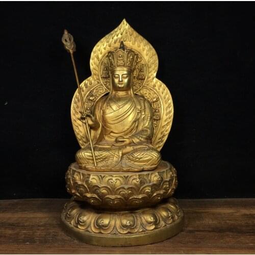 11"Chinese temple collection Old Bronze Gilt Ksitigarbha Jizo Sitting Buddha Back light lotus Ornaments Town House