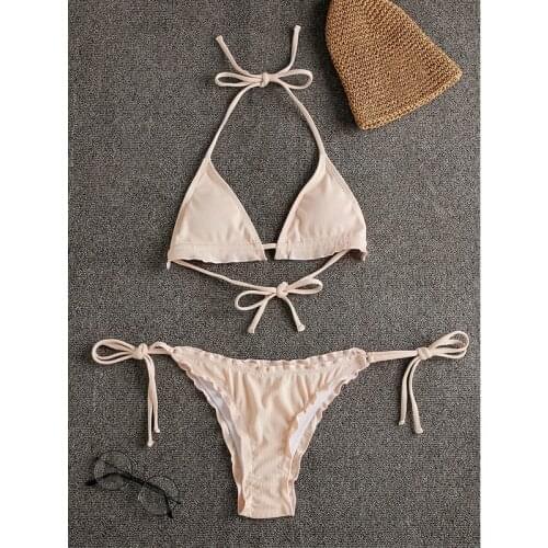 Low waist Swimwear 2021 Beach wear swimming suit women tankini 2 piece set Bandage bikini apricot biquini Pleat set bathing suit