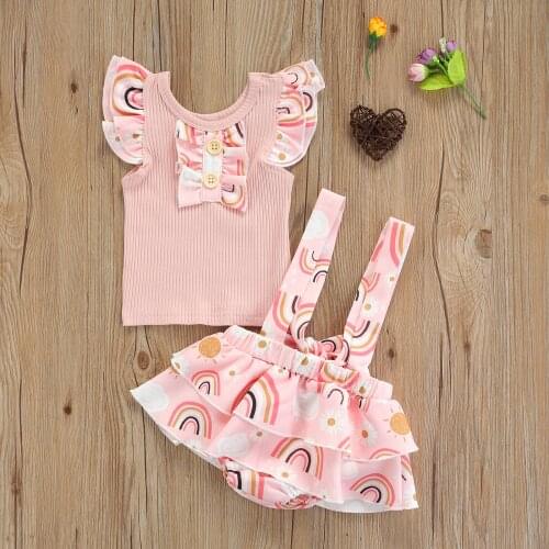Newborn Baby Girls Summer Outfits Ruffle Sleeve Rib Knit Tee Tops+Suspender Skirt 2Pcs Clothes Set Infant Baby Clothing Suit