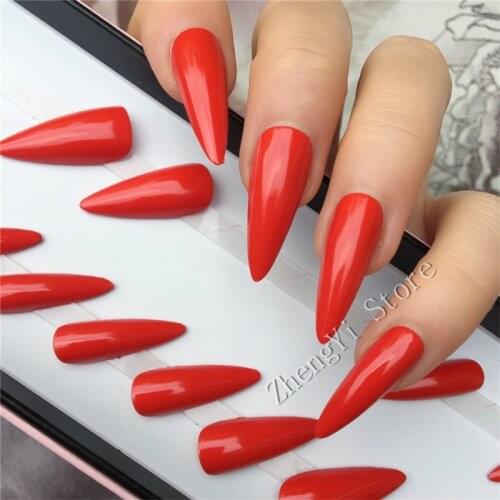Midi Red Fake Nails With Glue Sticker Almond Stiletto Impress Press On False Nails Wedding Faux Ongles Artificial Nagel Tips