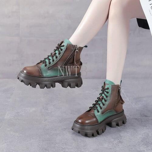 Spring New Casual Martin Womens Boots Retro Color Matching Back Zipper Single Boots Thick-soled Knight Boots First Layer Dermis