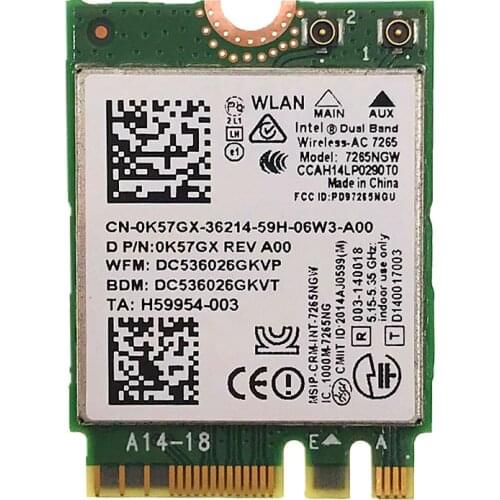 New Wireless Card Dual band Wireless AC Intel 7265 7265NGW 802.11ac 2 x 2 WiFi + Bluetooth 4.0 867Mbps NGFF card