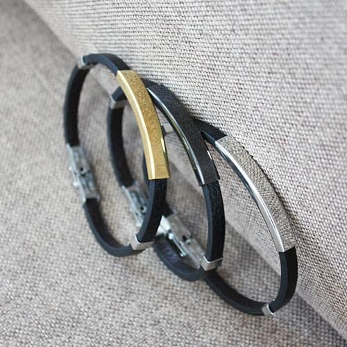 New Classic Style Men Leather Bracelet Simple Black/Silvery/Gold Color Stainless Steel Neutral Accessories Fashion Jewelry Gifts