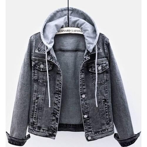 Fall Womens Fashion Vintage Oversized Cropped Denim Jacket Detachable Hooded Jacket Jeans Women Black Grey Coat 2021 HOWDFEO