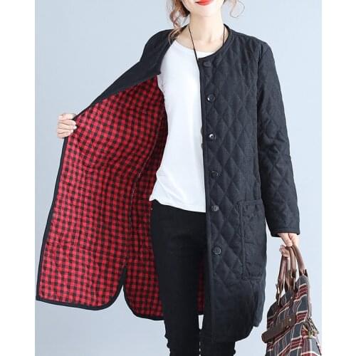 Parka Autumn Winter Jacket Women Brief Black Warm Coats Female Cotton Padded Thick Long Parkas Oversized Outwear Plaid Lining