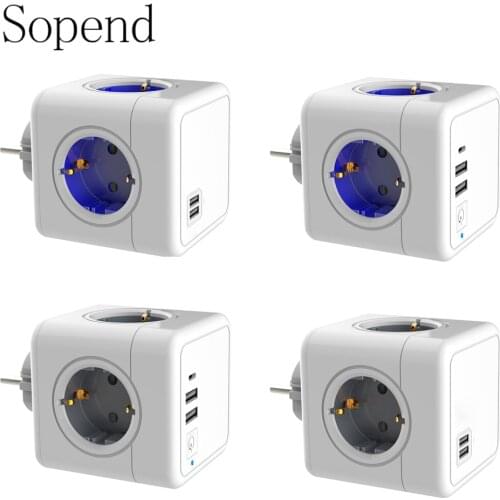 Sopend Power Switch 2USB EU Plug Powercube Extension Wall Socket Electric Multi 4 Outlets