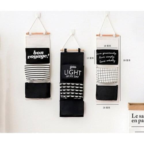 Nordic Black White Cotton Linen Hanging Storage Bag 3 Pockets Wall Mounted Wardrobe Hang Bag Cosmetic Toys Organizer Wall Pouch