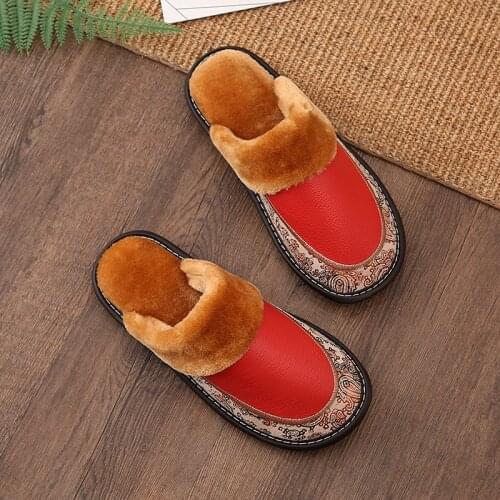 Vintage embroidery Genuine Leather Women Slippers Flannel soft Keep warm home shoes Waterproof and non-slip woman shoes