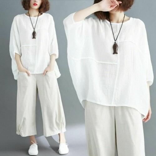 Women Cotton Linen T Shirt Tops Plain Loose Batwing Sleeve Vintage Casual