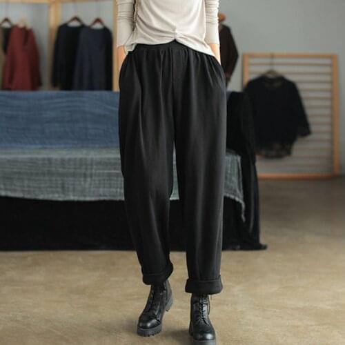 Johnature Leisure All-match 2 Color Elastic Waist Wide Leg Pants 2021 Autumn Winter New Loose Comfortable Women Full Length Pant