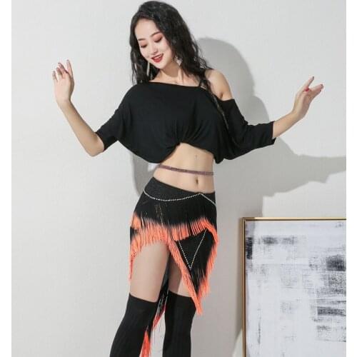 Bellydance Spaghetti Strap Off-shoulder Backless Sexy Belly dance Tassel Skirt 2pcs set for Women Performance Wears Costumes
