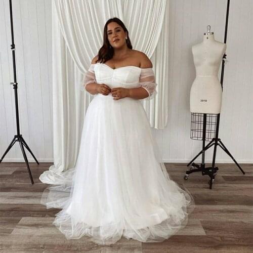 Plus Size Wedding Dresses Bridal Gowns African A-Line Tulle For Women Floor Length Half Sleeve Charming Robe De Mariee Elegant