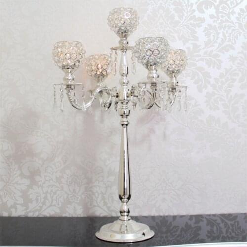 76cm Tall 5-arms Silver candelabras with crystal pendals,wedding crystal candle holder wedding centerpiece