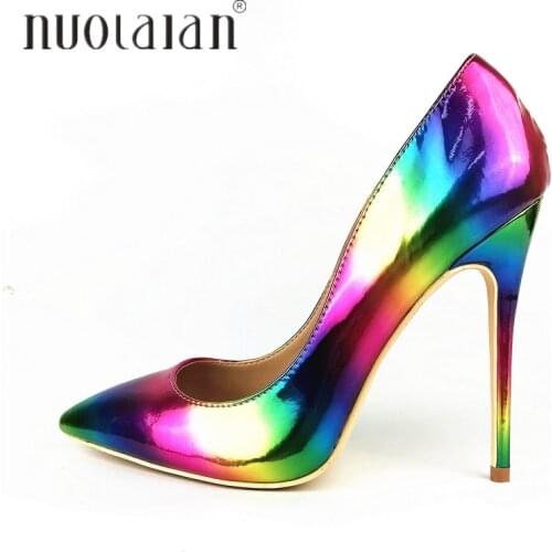 Brand fashion Women Shoes Colorful Rainbow Printed Woman Shoes Sexy Stilettos High Heels 12cm/10cm/8cm Pointed Toe Women Pumps