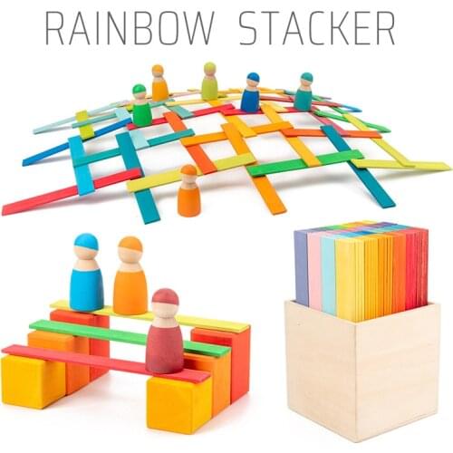 Wooden Rainbow Stacker Bridge Creativity Blocks Montessori Toys 12 Peg Dolls Bodies People Figures Shape Kids Educational Toys