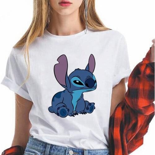 Disney T Shirt Lilo & Stitch Print Tshirt Women Short Sleeve Round Neck Harajuku Graphic Tees 2021 Clothes Top Dropship
