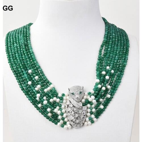 GuaiGuai Jewelry 18" 9 Strands Green Agate White Pearl Necklace CZ Pave Connector Pendant