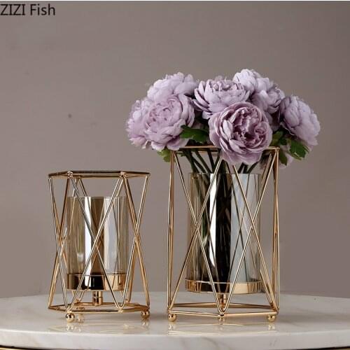 Creative Nordic metal iron geometric glass Gold vase Living room decoration Flower arrangement Modern home decoration vases